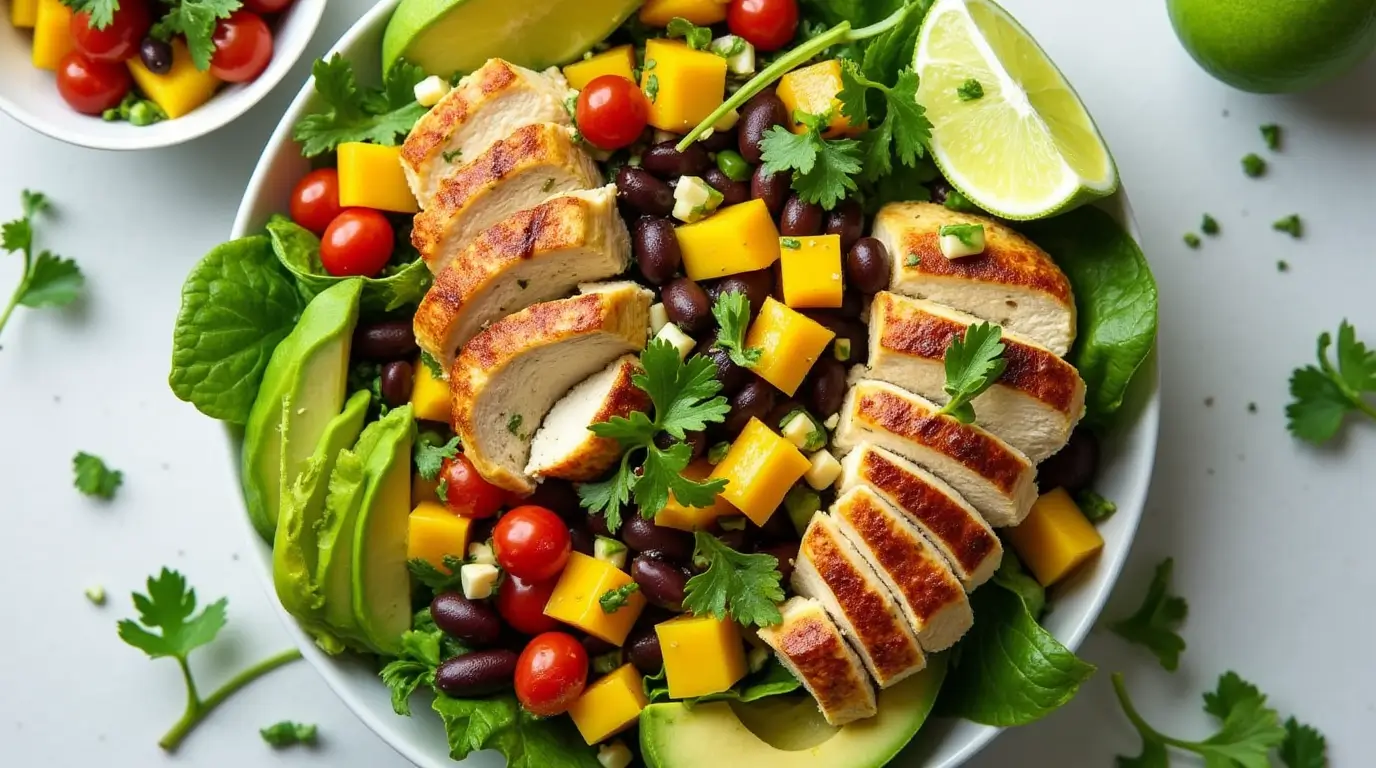 "Cilantro Lime Chicken Salad with Mango Avocado Salsa served on a white plate with lime wedges