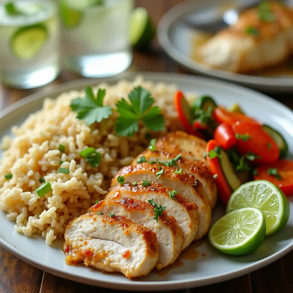 Complete honey lime chicken meal with rice and vegetables"