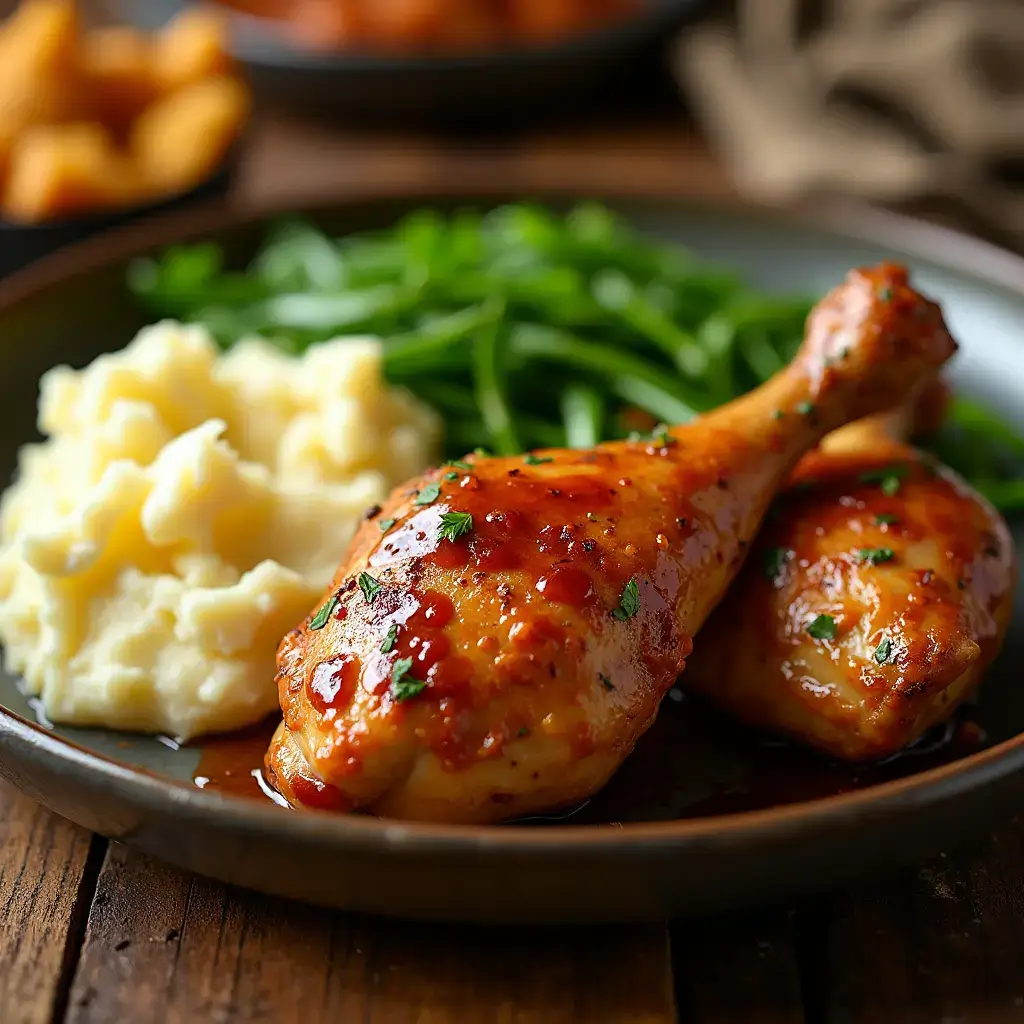 "Complete meal with crock pot chicken legs, mashed potatoes and green vegetables"
