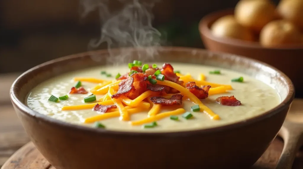 Creamy Crock Pot Crack Potato Soup topped with bacon and cheese