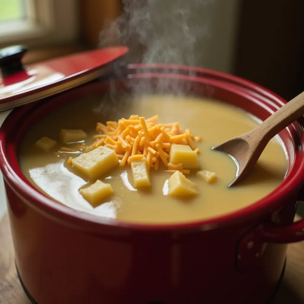 Crock Pot Crack Potato Soup cooking in slow cooker