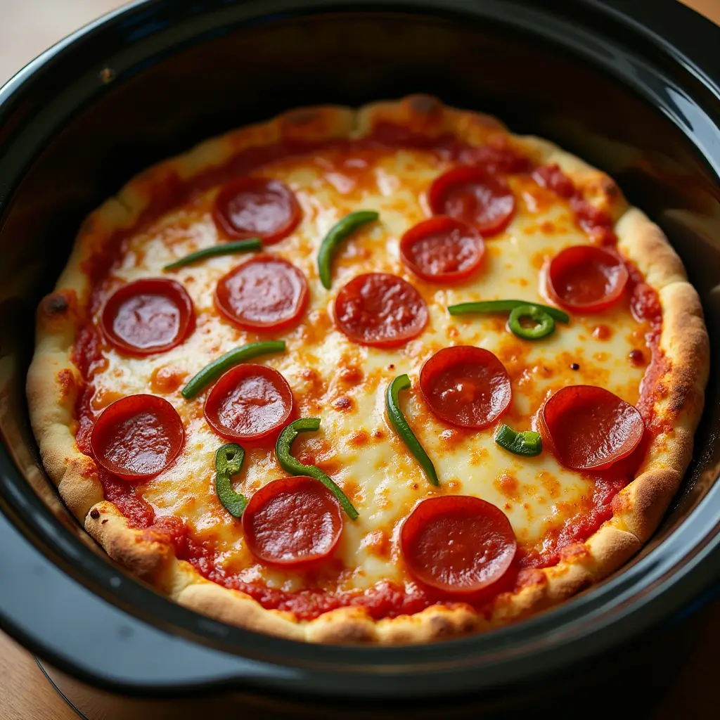 Homemade crock pot pizza with melty cheese and pepperoni in a slow cooker