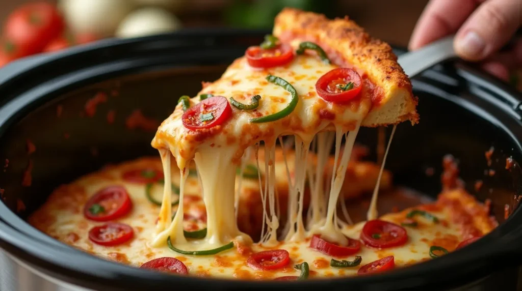 Serving a slice of homemade crock pot pizza with stretchy cheese pull