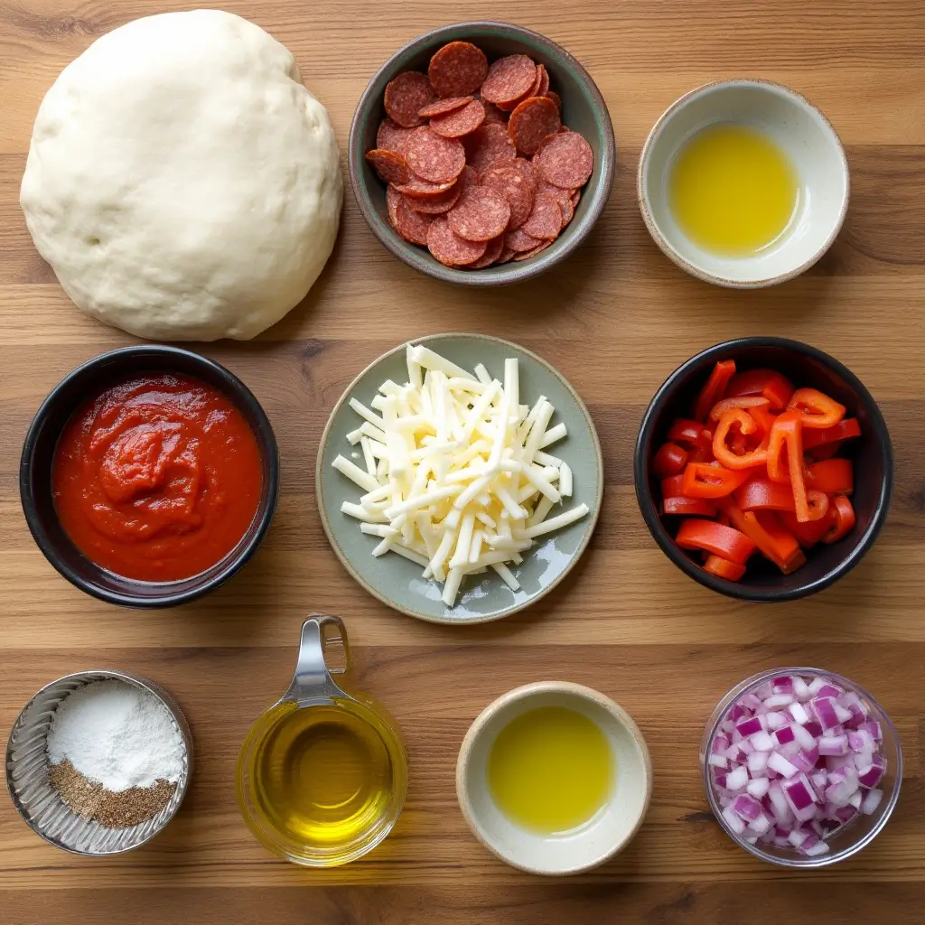 Fresh ingredients for making crock pot pizza including dough, cheese, and toppings