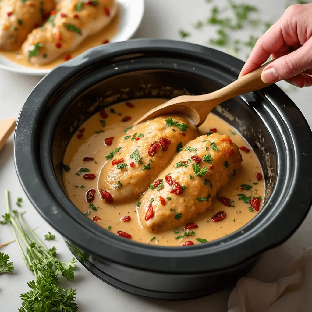 Preparing Crockpot Marry Me Chicken in a slow cooker