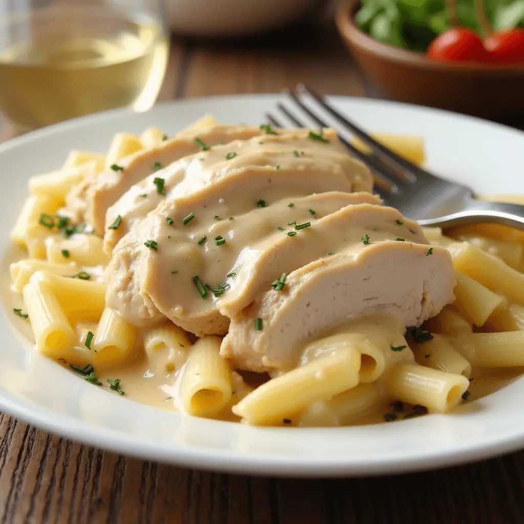 Crockpot Marry Me Chicken served over pasta with a side salad