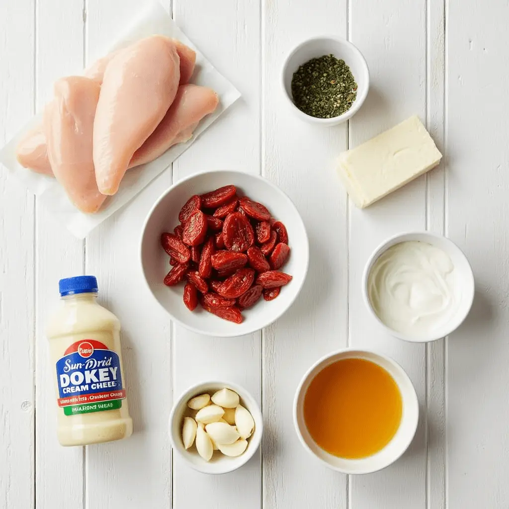 Ingredients for Crockpot Marry Me Chicken recipe arranged on wooden surface