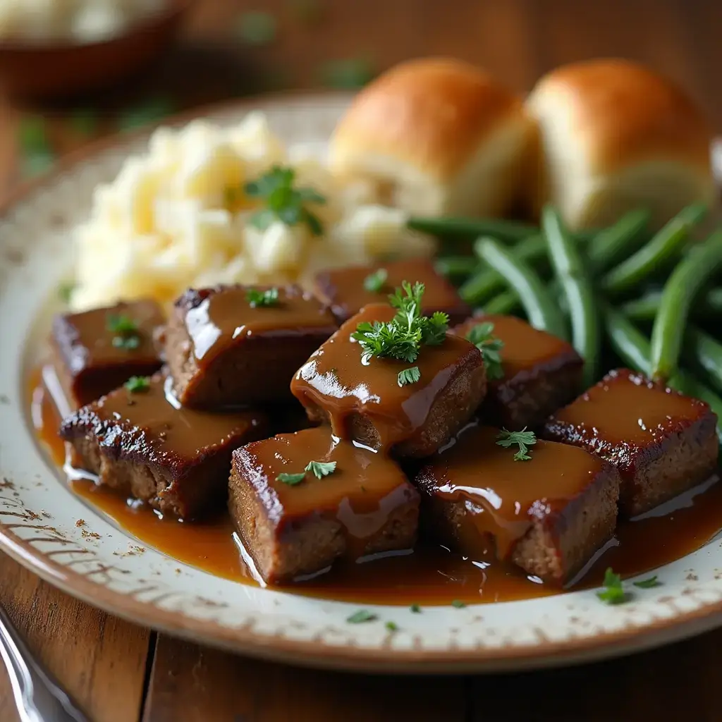 "Family-style crock pot cube steak and gravy dinner with sides