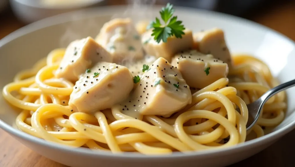 Creamy Alfredo Crock Pot Chicken served over fettuccine pasta