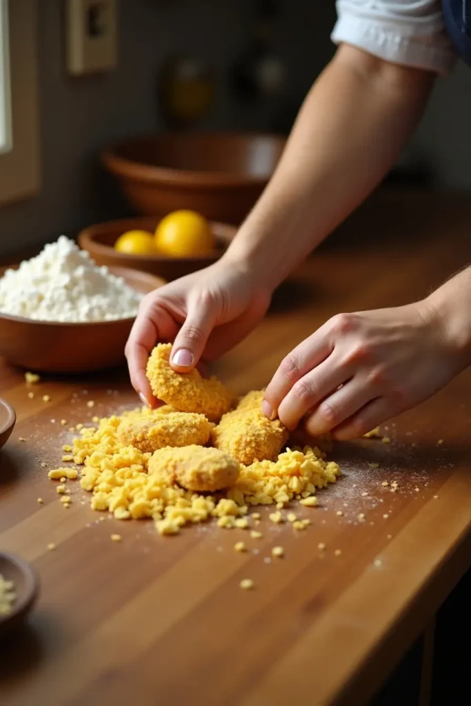Coating Cornflake Chicken with crushed flakes