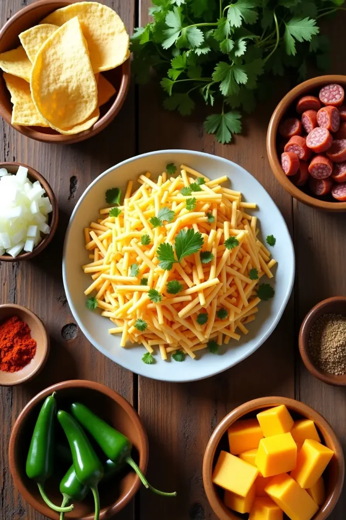 Fresh ingredients for queso fundido laid out