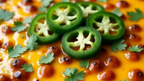 Realistic close-up of sizzling queso fundido