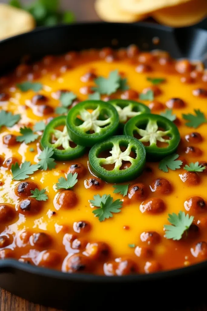 Realistic close-up of sizzling queso fundido