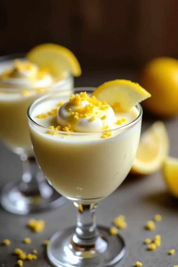 Limoncello Drizzle Mascarpone dessert in glass cups with lemon zest garnish