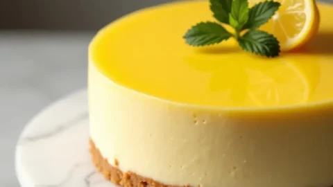 Perfect lemon cheesecake with smooth golden surface on marble stand - featured recipe image