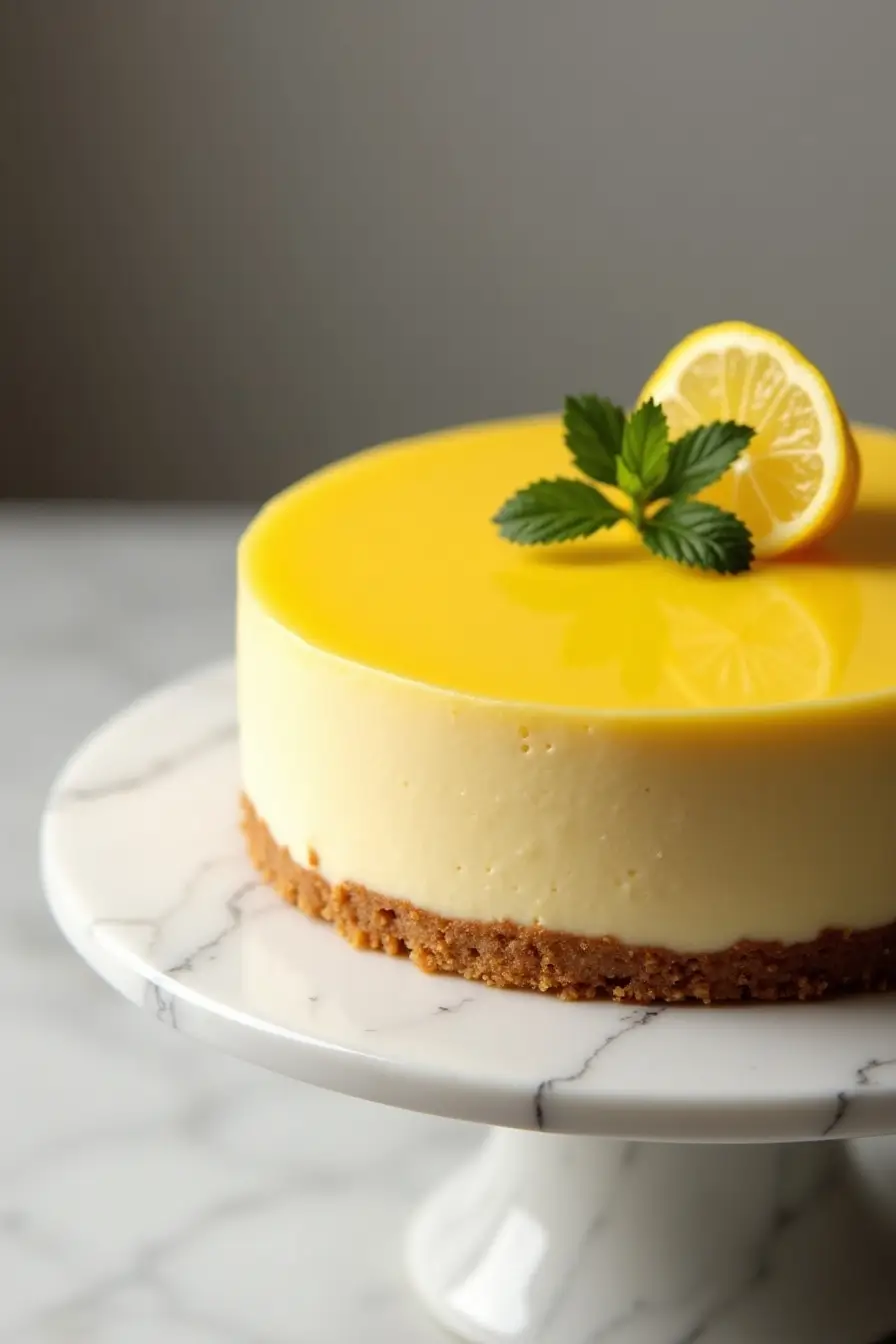 Perfect lemon cheesecake with smooth golden surface on marble stand - featured recipe image