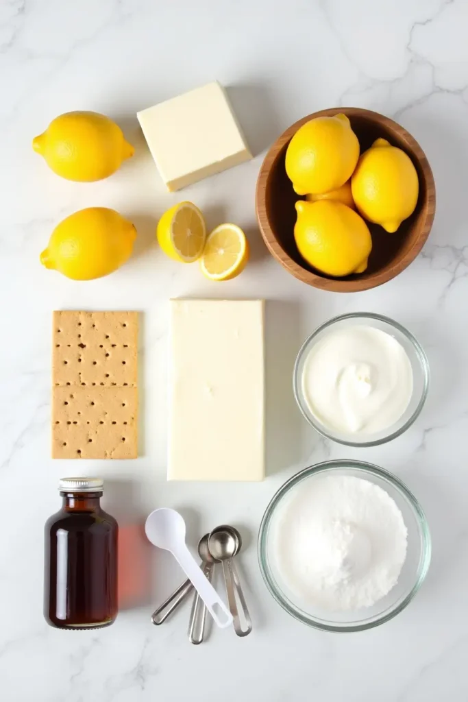 Essential lemon cheesecake ingredients laid out including cream cheese, fresh lemons, and graham crackers