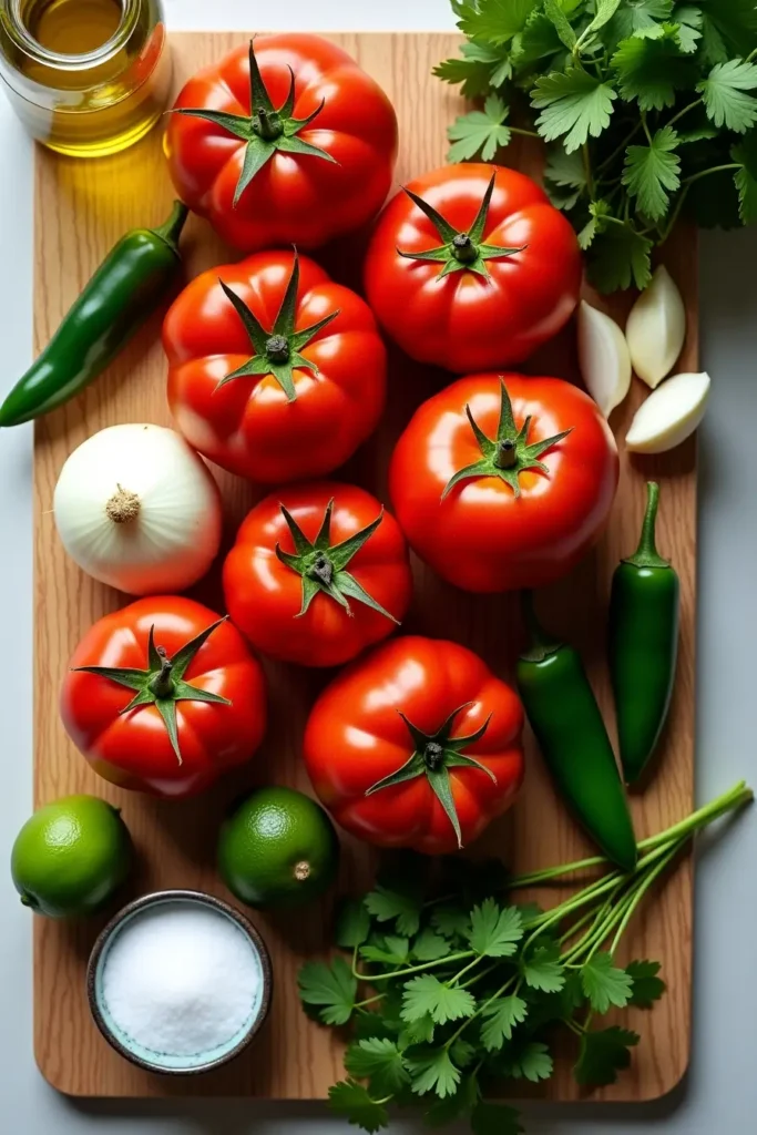 Ingredients for homemade salsa recipe including tomatoes, onions, and jalapeños