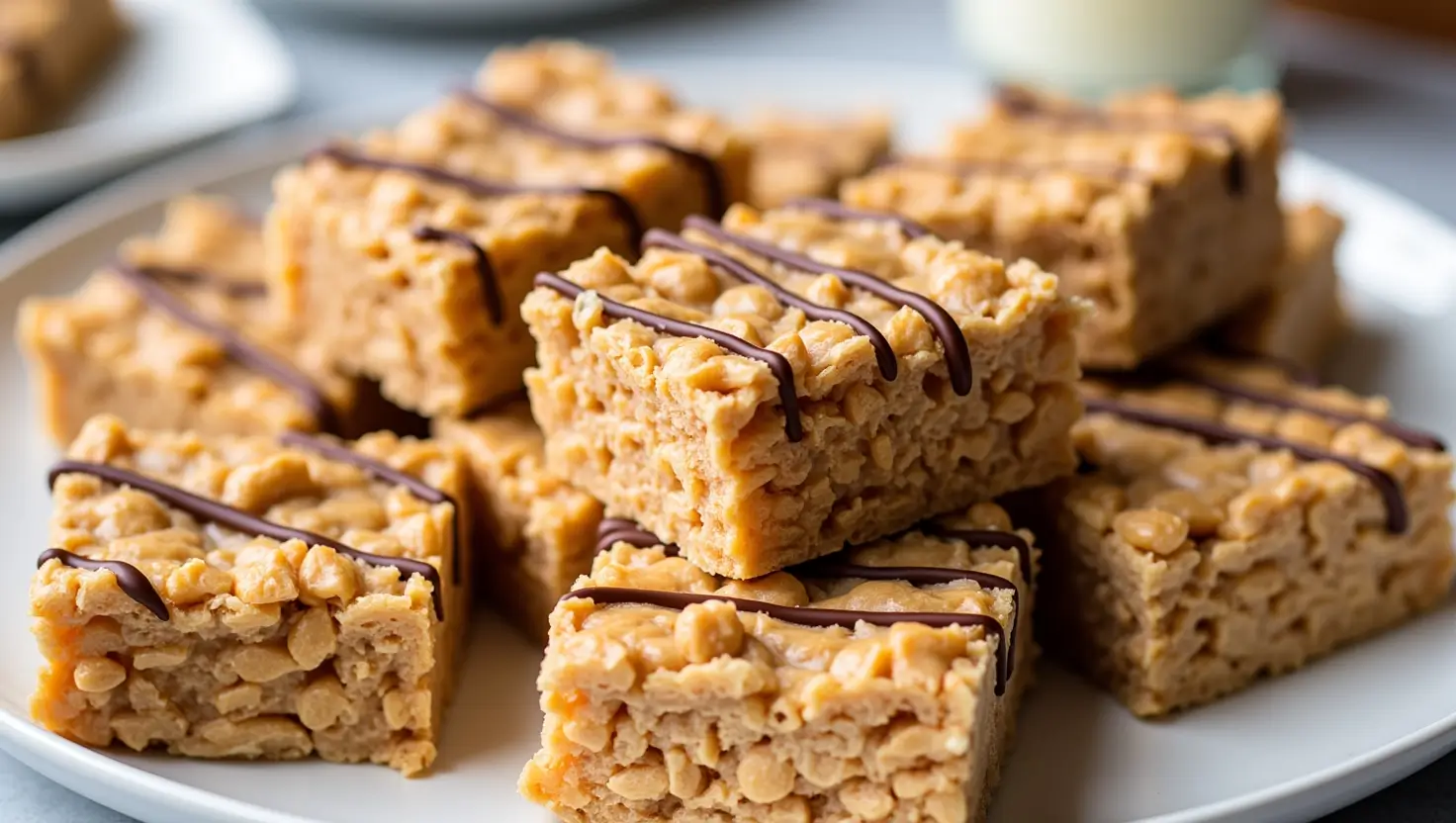 Homemade peanut butter rice crispy treats cut into squares with chocolate drizzle and a glass of milk