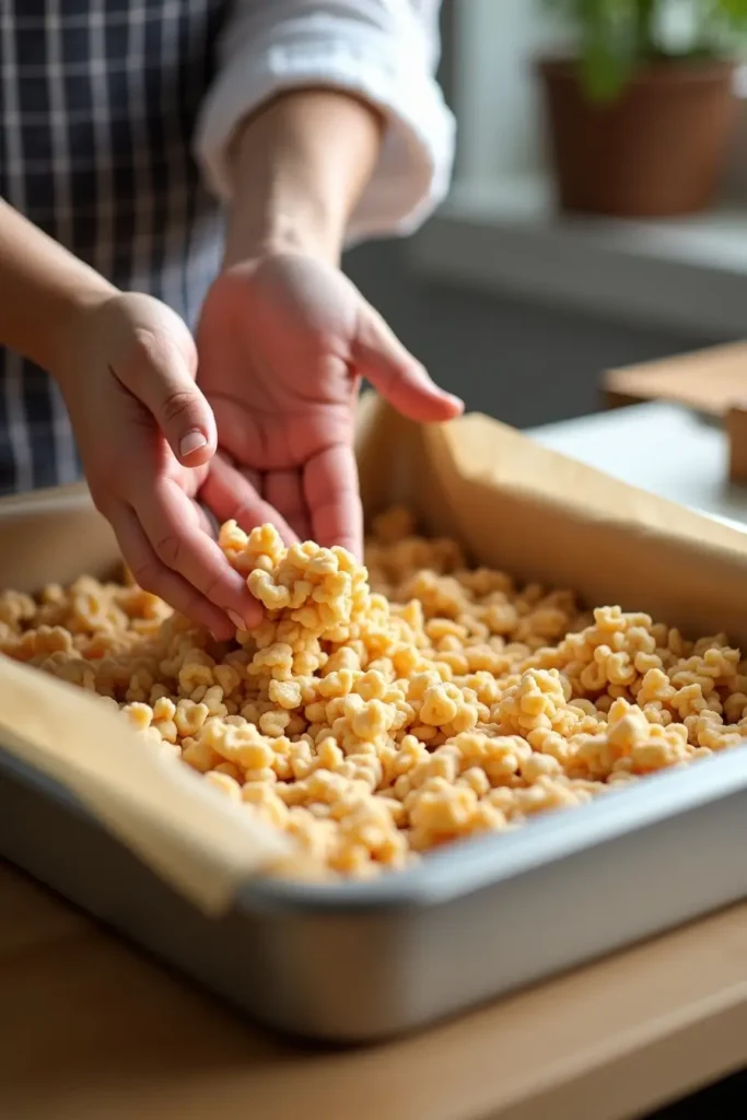 Pressing peanut butter rice crispy mixture into a baking pan lined with parchment paper