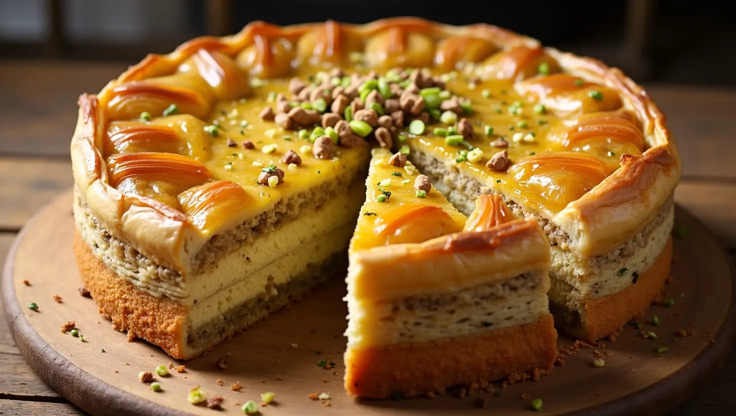 Delicious Baklava Cheesecake with golden phyllo layers and creamy filling