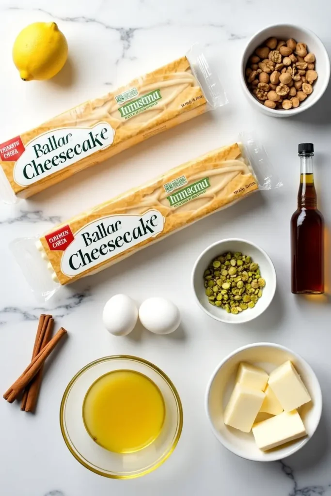 Baklava Cheesecake ingredients including phyllo dough, cream cheese, honey, nuts, and spices