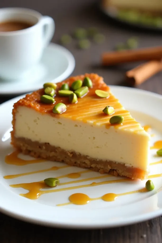 Slice of Baklava Cheesecake drizzled with honey and garnished with pistachios