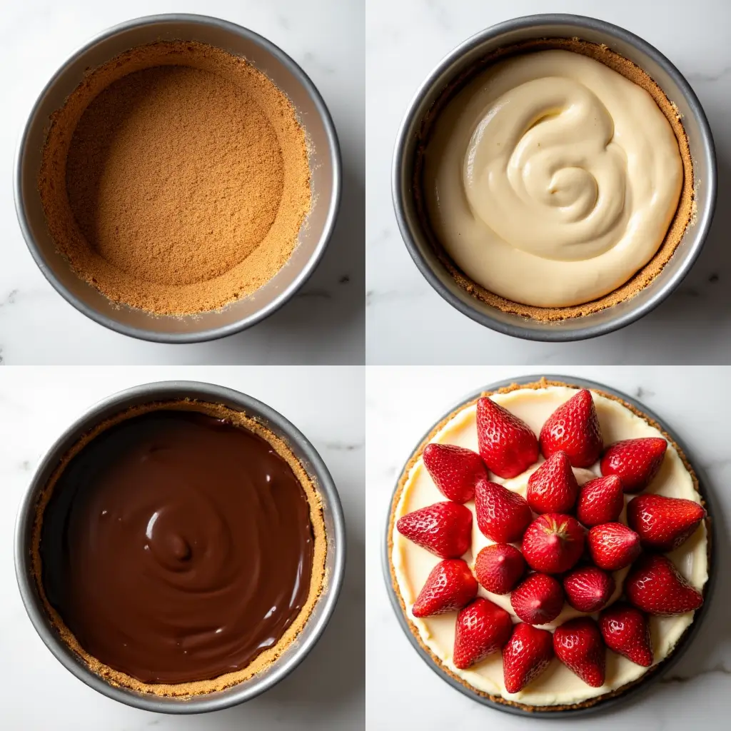 "Four-step process of assembling chocolate strawberry cheesecake from crust to topping"