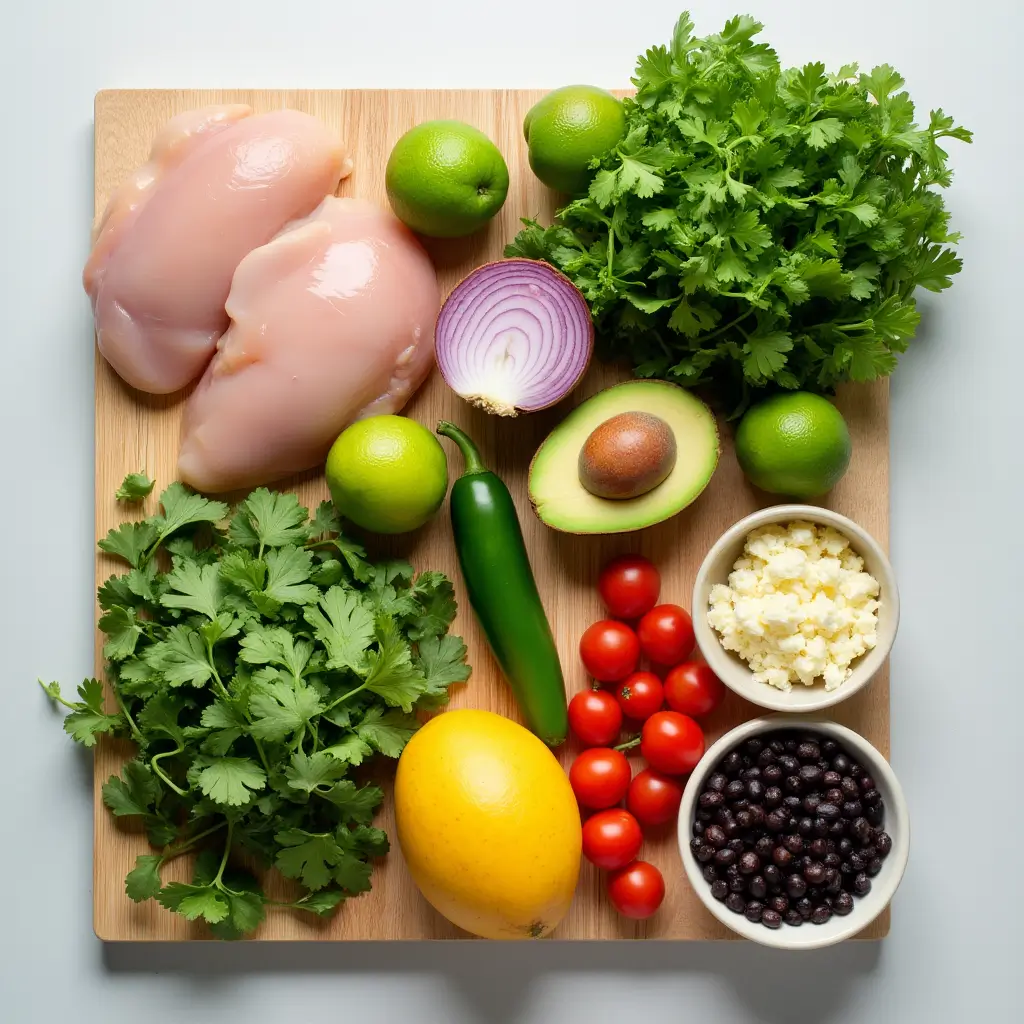 "Fresh ingredients for Cilantro Lime Chicken Salad with Mango Avocado Salsa laid out on a wooden cutting board"