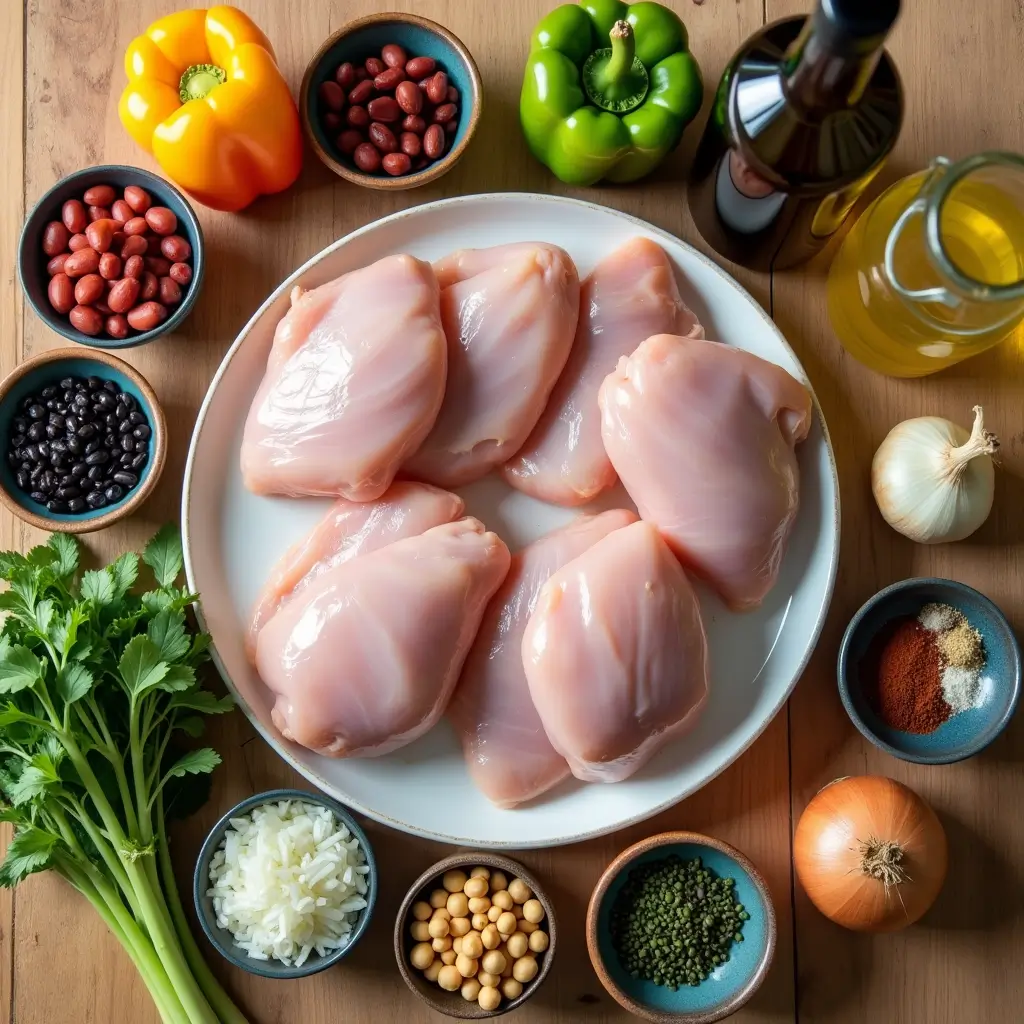 Fresh ingredients for high protein crock pot recipes arranged on countertop