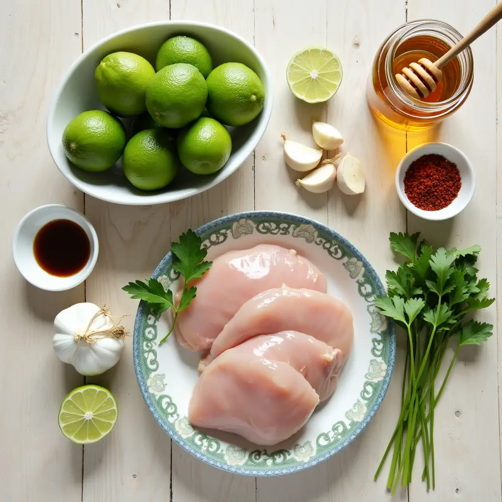 "Fresh ingredients for honey lime chicken recipe including limes, honey, soy sauce, and herbs