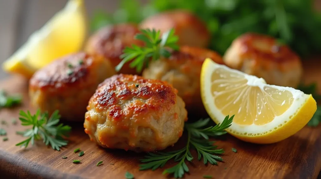 Homemade Greek chicken meatballs garnished with fresh herbs and lemon