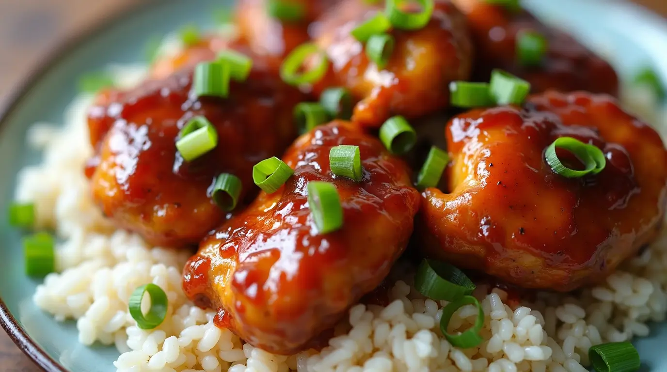 Homemade Honey BBQ Chicken Rice with glazed chicken thighs and fluffy white rice garnished with green onions"