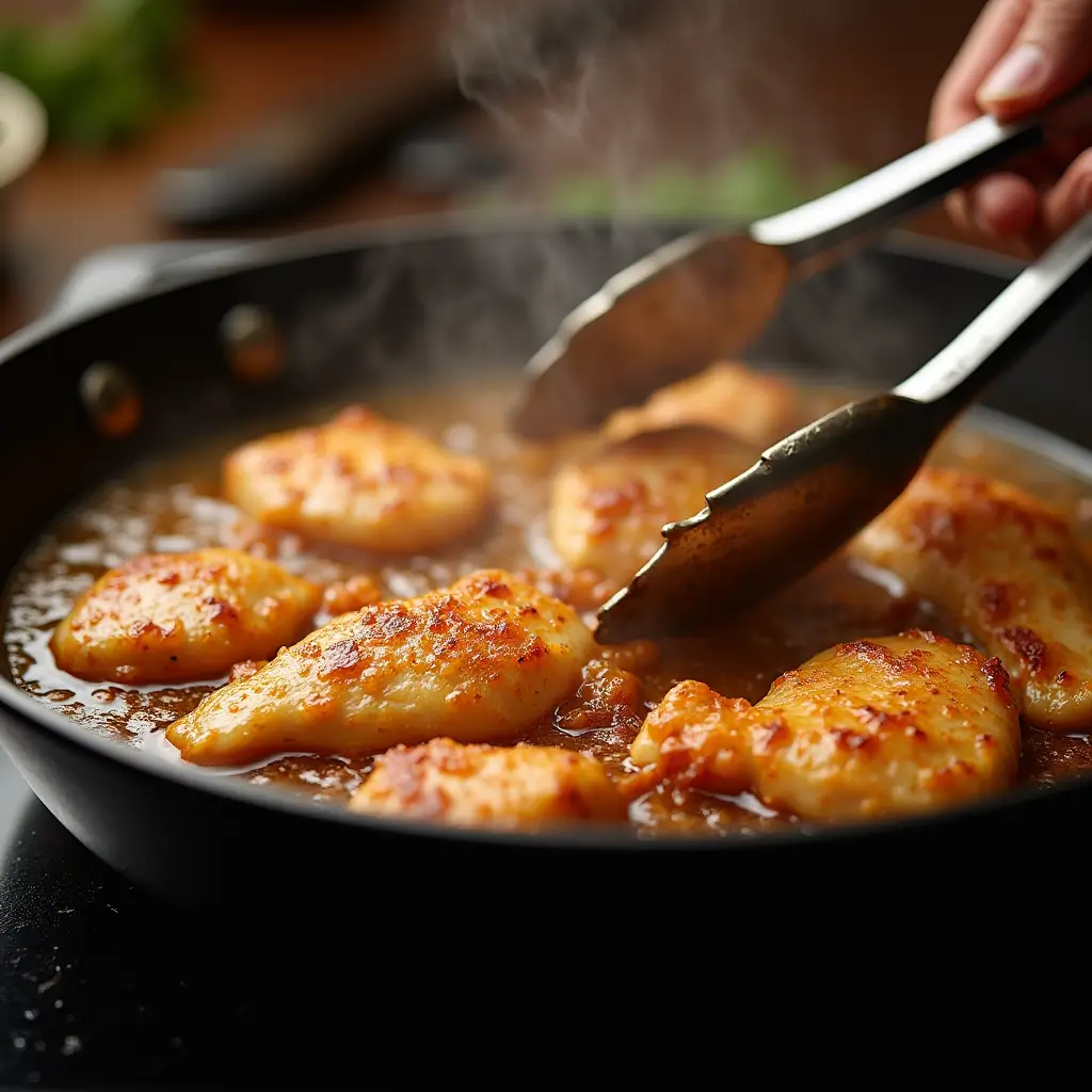 "Honey lime chicken cooking in skillet with sauce caramelizing"