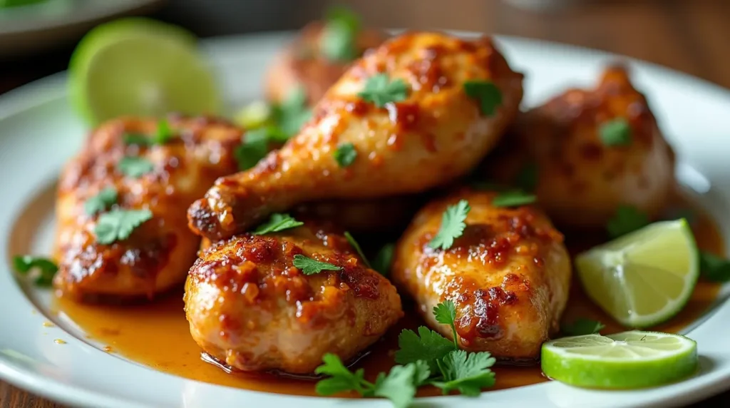 Honey lime chicken with caramelized glaze garnished with fresh cilantro and lime wedges"