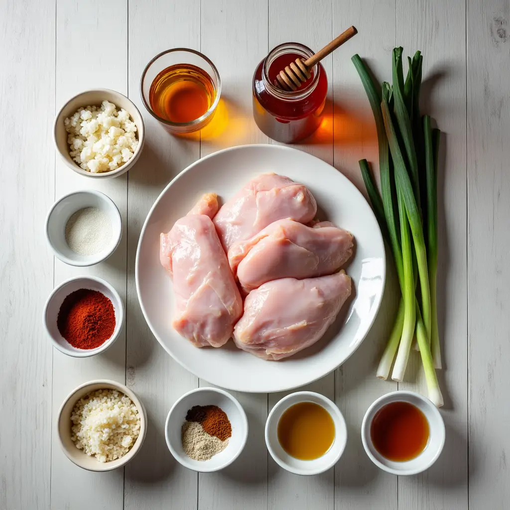 Ingredients for Honey BBQ Chicken Rice including chicken thighs, rice, honey, BBQ sauce, and seasonings