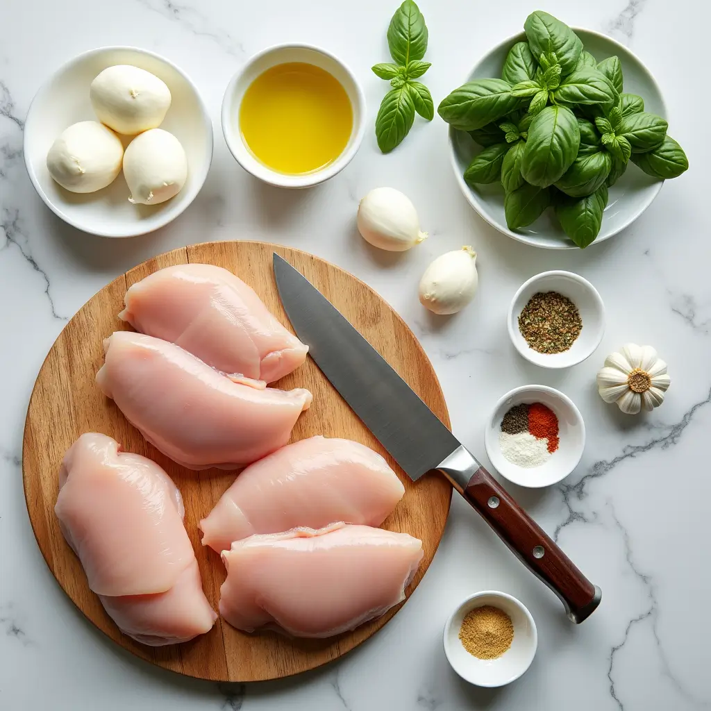 Ingredients for Mozzarella Stuffed Chicken laid out on marble countertop