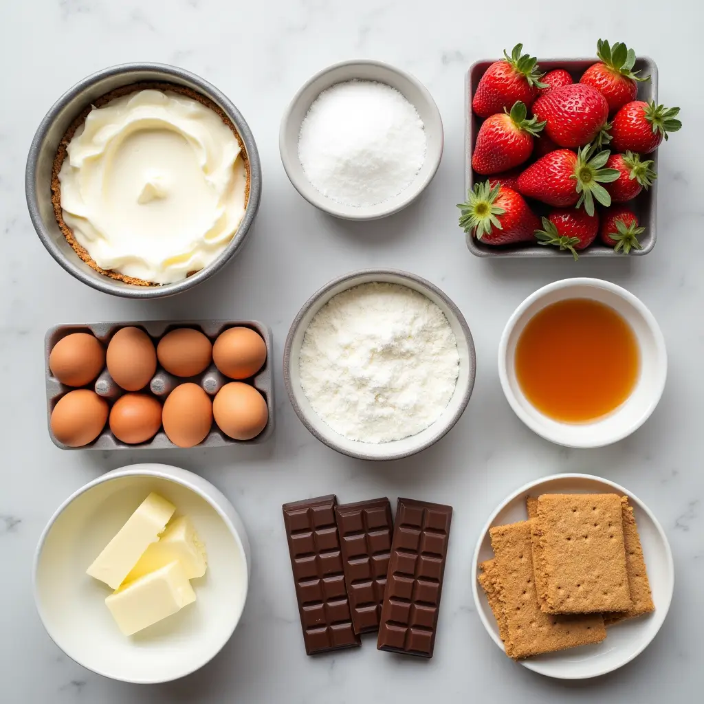 "Ingredients for chocolate strawberry cheesecake recipe laid out on marble counter"