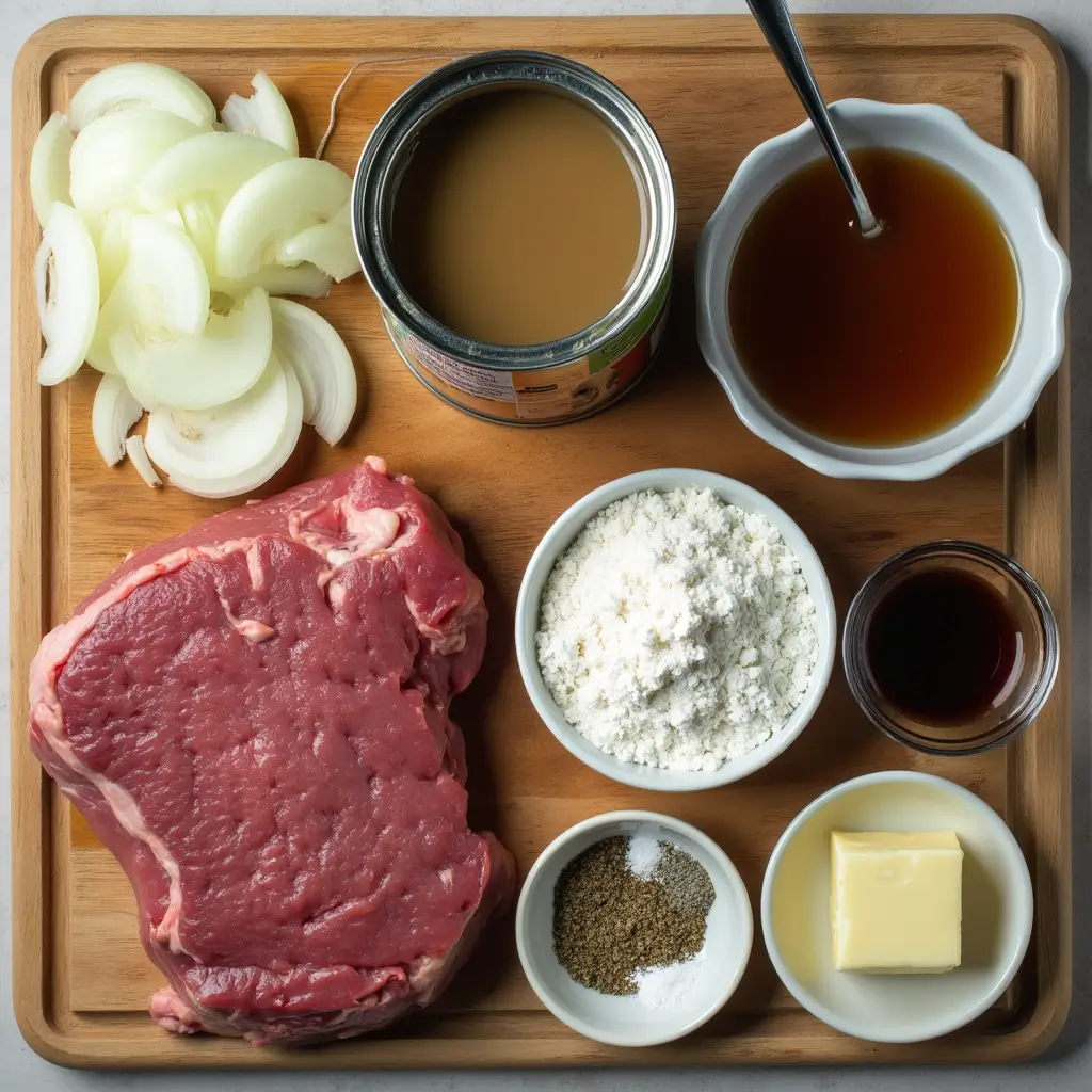 Ingredients for crock pot cube steak and gravy recipe arranged on wooden board