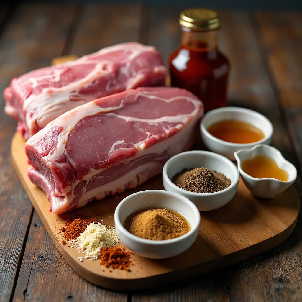 "Ingredients laid out for country style ribs crock pot recipe including raw ribs, spices, and sauce"