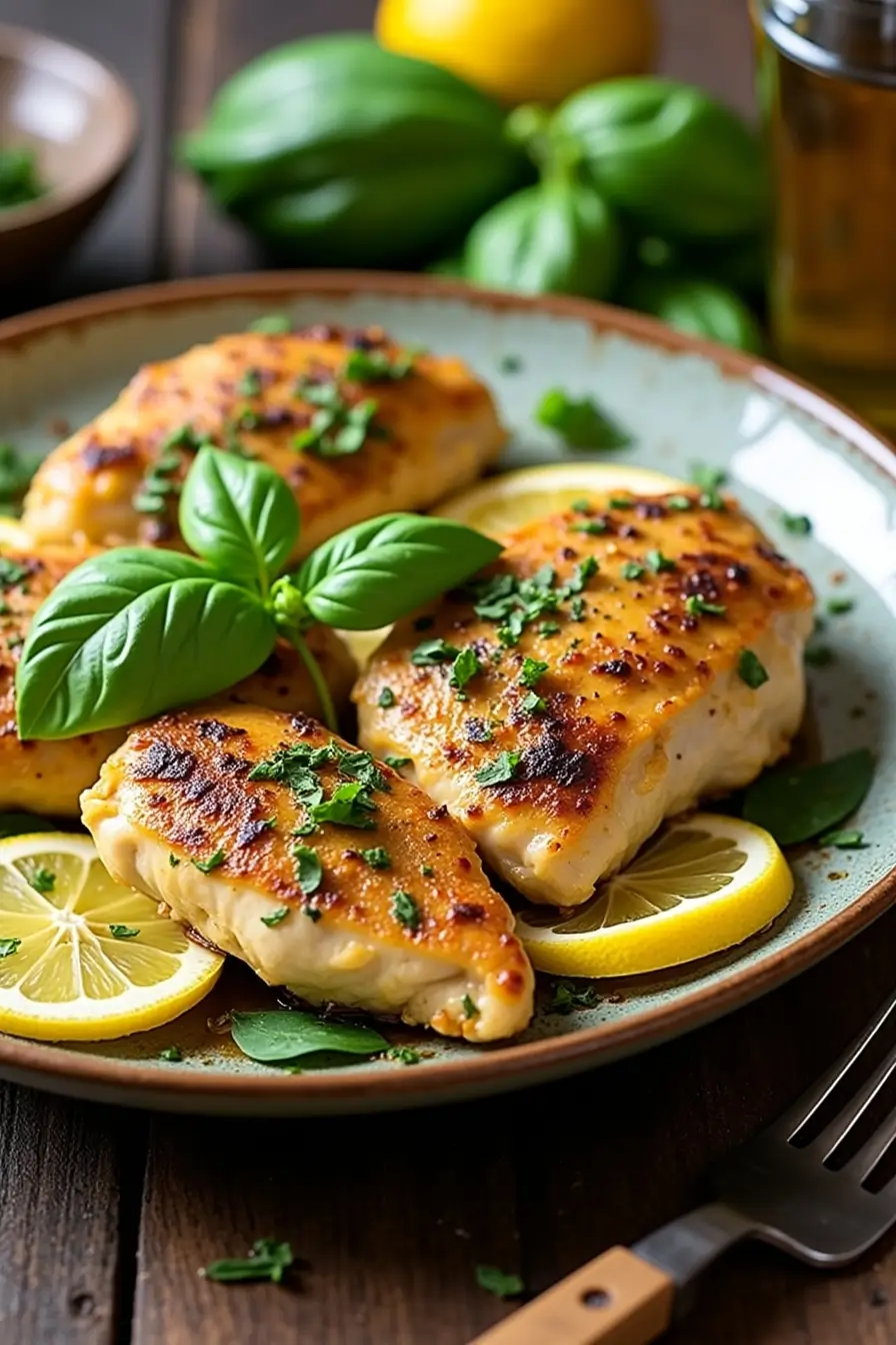 Lemon Chicken Basil plated with lemon and herbs