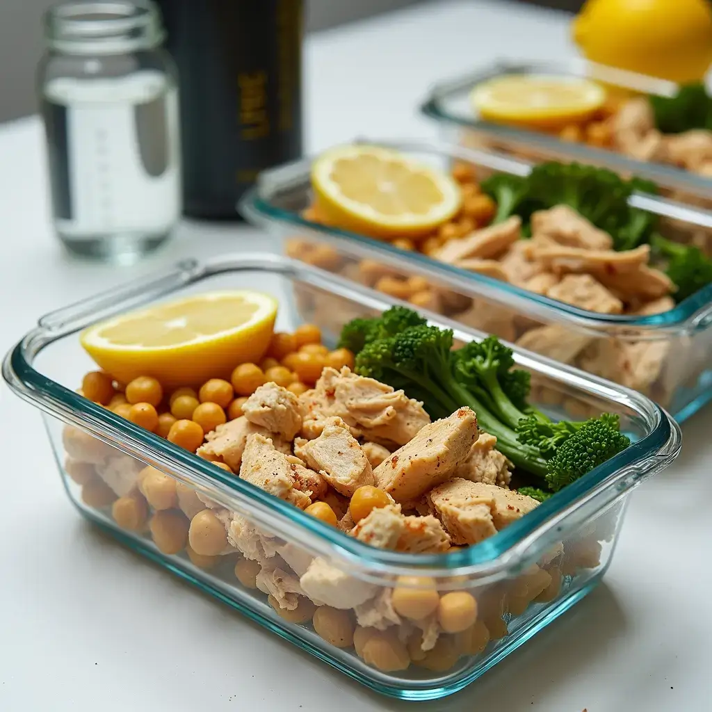 "Meal prep containers filled with high protein Greek Lemon Chicken and Chickpeas