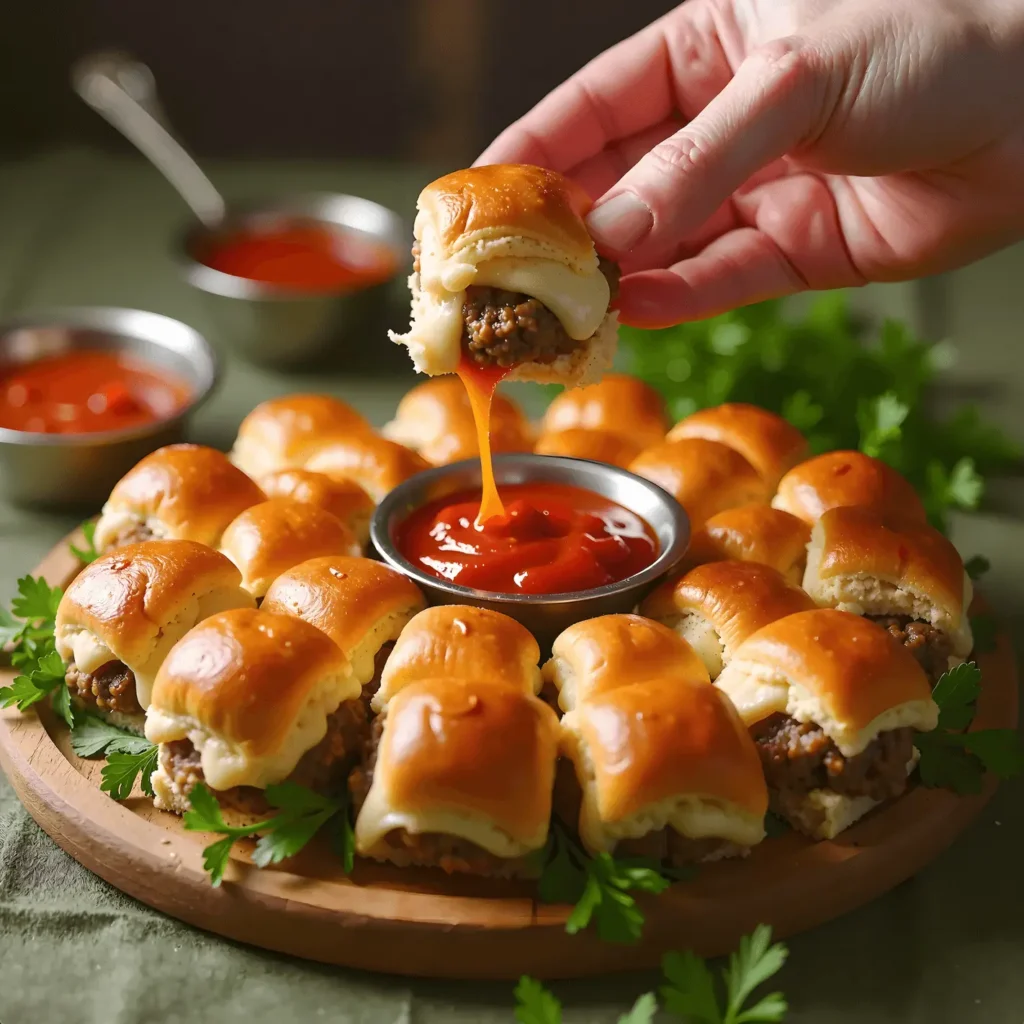 Cheesy meatball sliders on Hawaiian rolls with perfect cheese pull, ready to serve at your next gathering