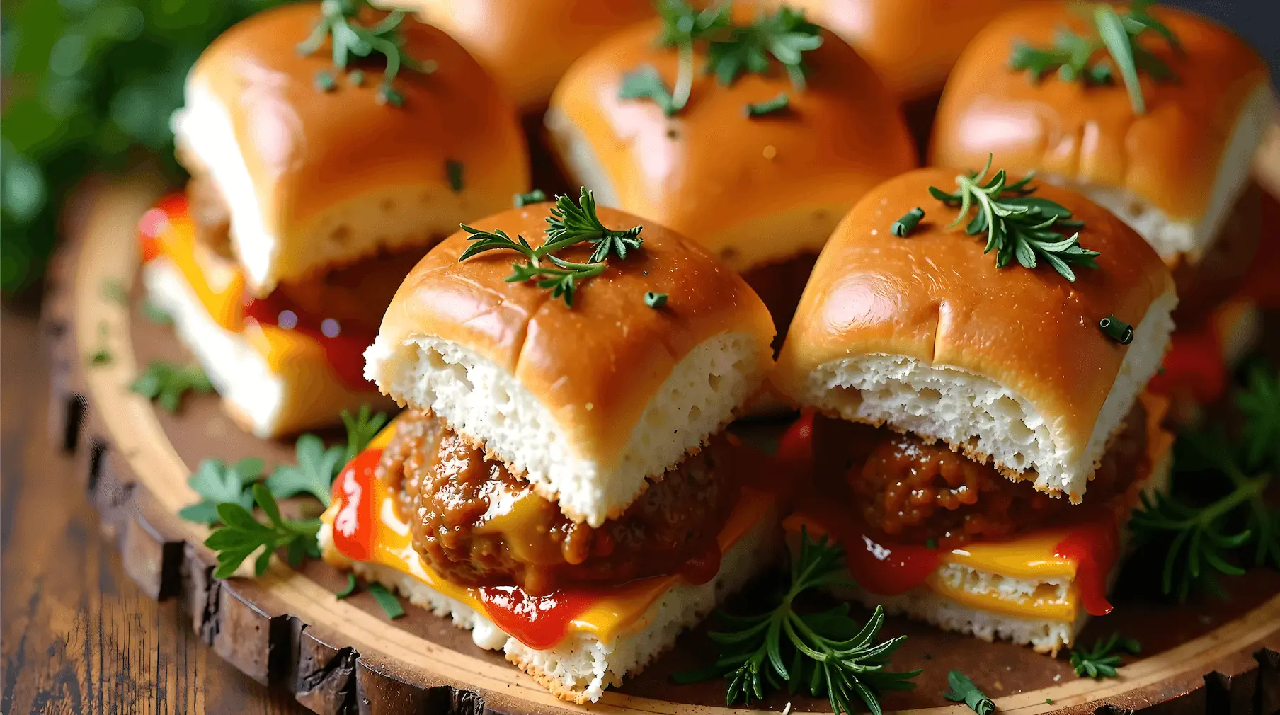 Freshly baked meatball sliders on Hawaiian rolls topped with melted cheese and herbs, perfect for party appetizers or game day snacks