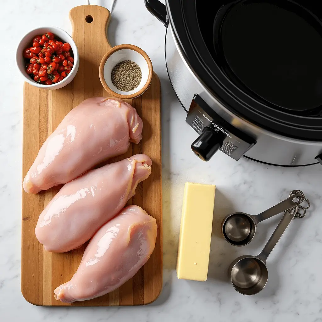 Complete ingredients for Mississippi chicken crock pot recipe including chicken, seasonings, butter and pepperoncinis