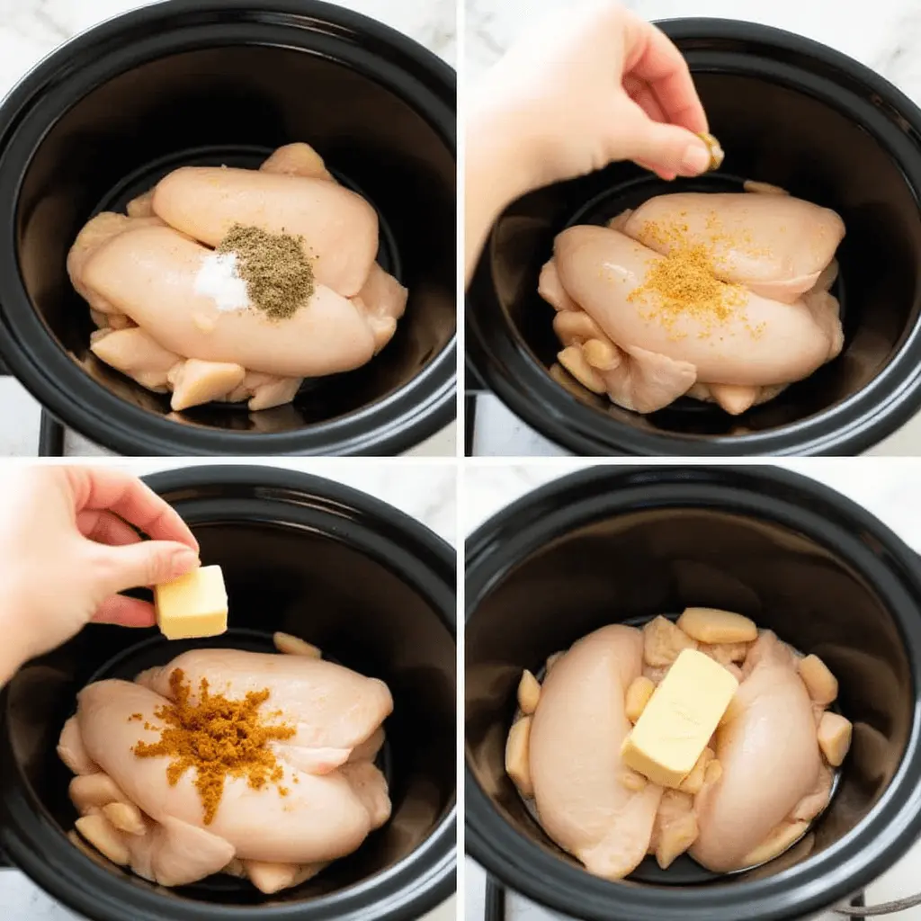 Easy preparation steps for Mississippi chicken crock pot showing how to layer ingredients in the slow cooker