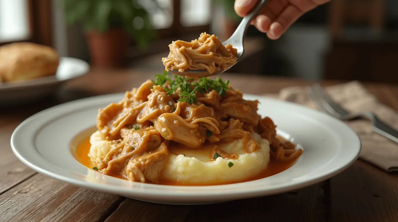 Tender Mississippi chicken crock pot recipe with pepperoncinis served over creamy mashed potatoes - a perfect Southern comfort food dinner