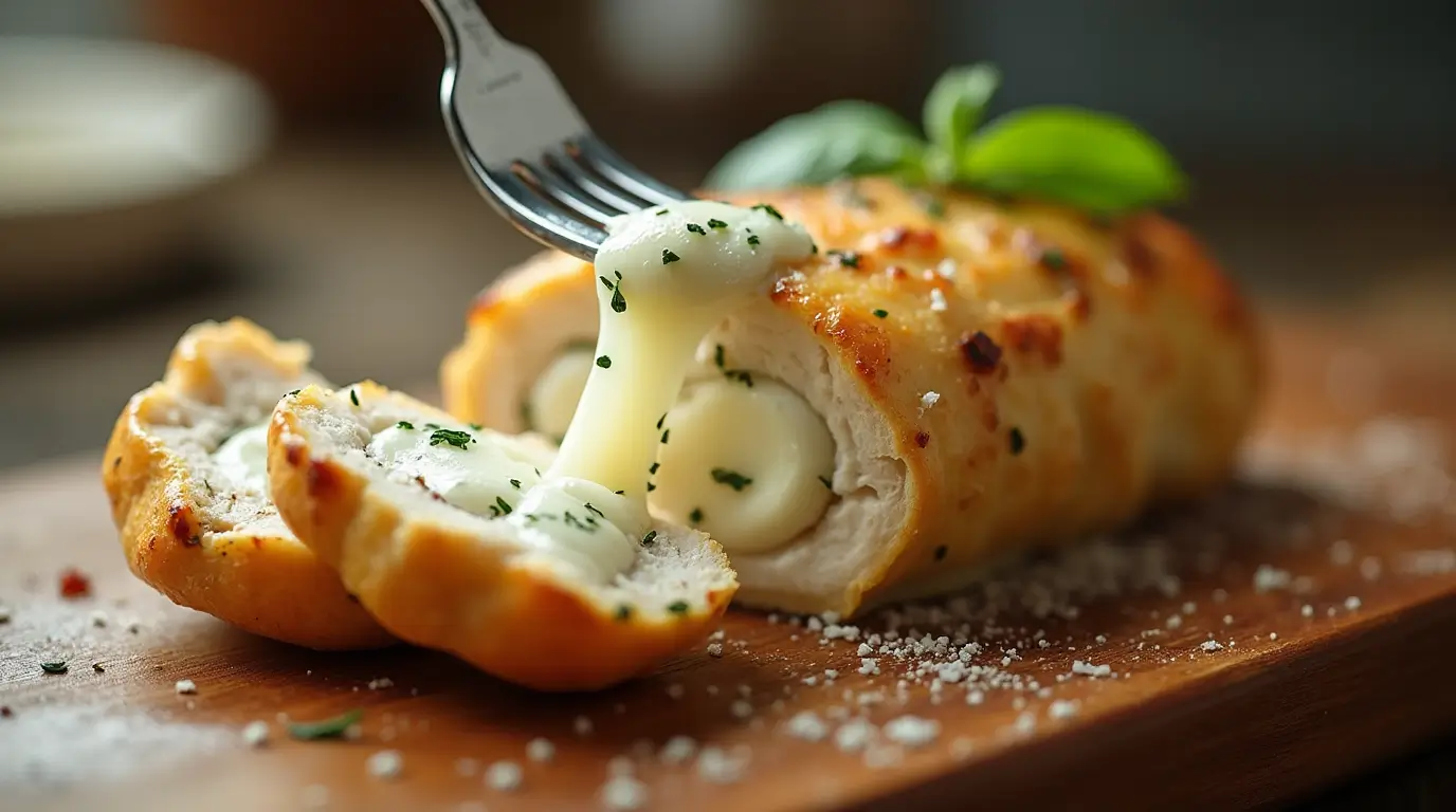 Mozzarella Stuffed Chicken breast sliced open showing melted cheese pull