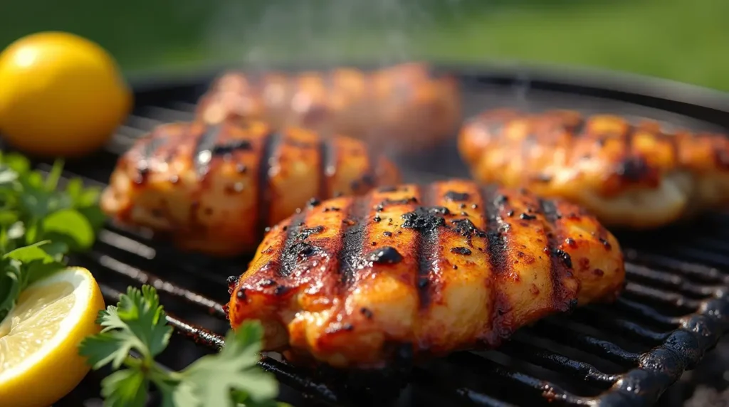 Juicy Portuguese grilled chicken with crispy skin and char marks cooking on an outdoor grill
