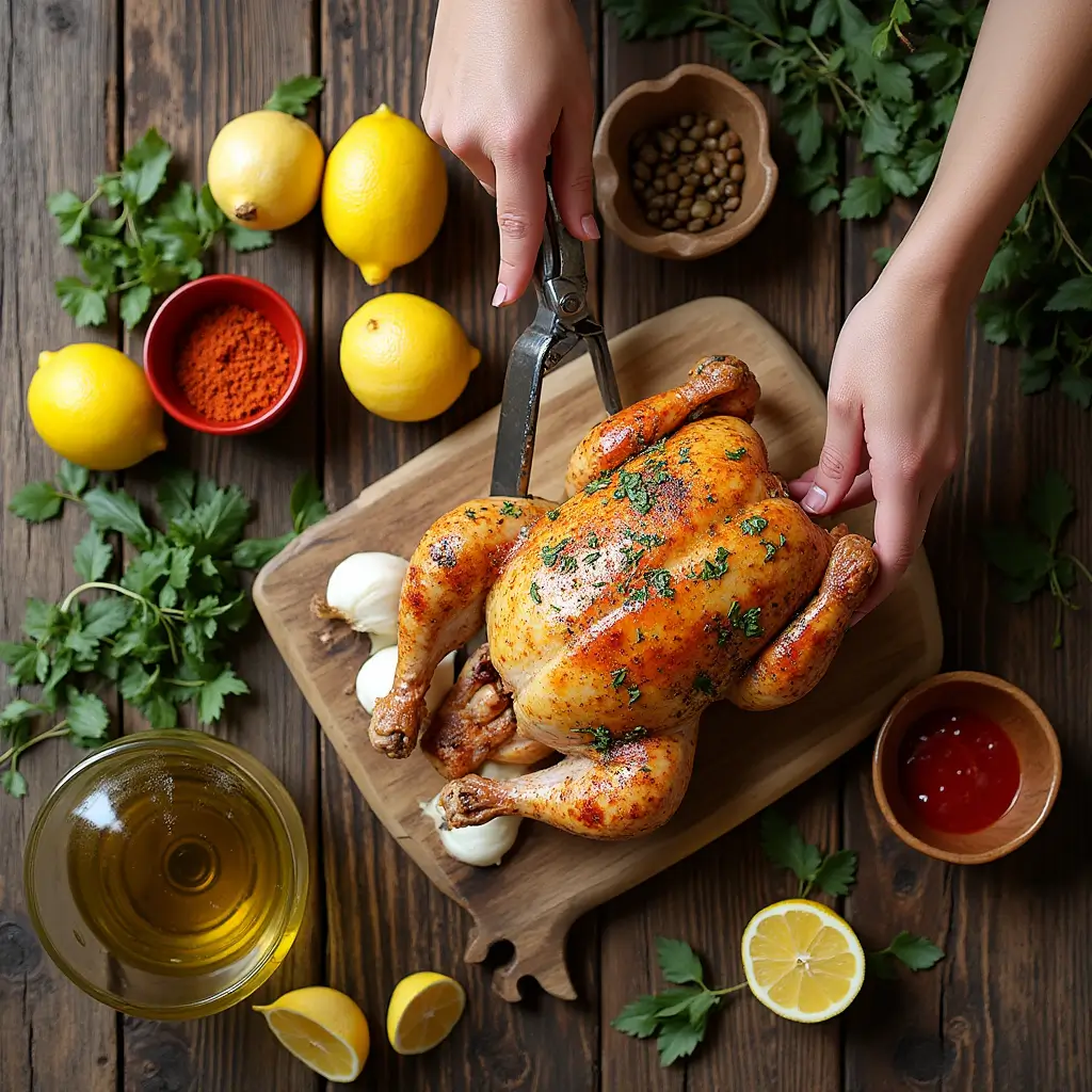 Fresh ingredients for Portuguese grilled chicken marinade including paprika, garlic, lemons, and herbs